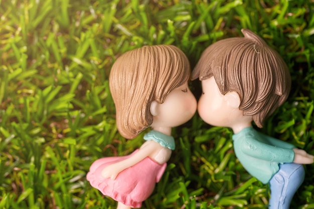 love concept or valentine's day. couple kissing doll in romance on green grass background