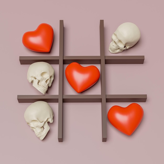 Love conquers death A tictactoe game with a heart and skull as a symbol of death Love is stronger than death 3d render