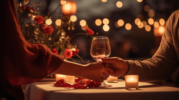 Love couple holding hands at romantic dinner Valentine Day Concept Romantic couple holding each