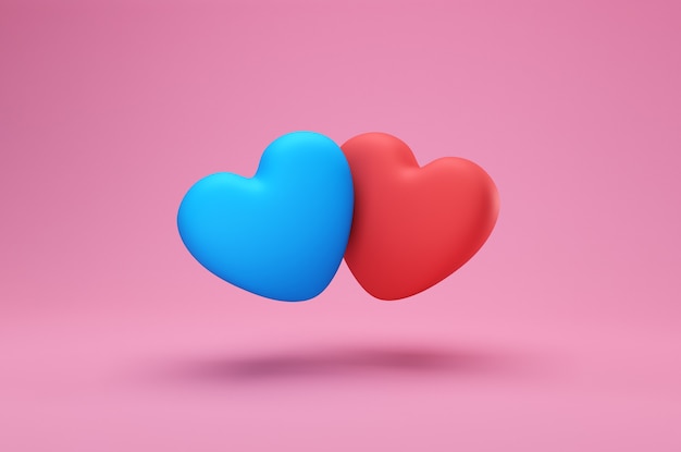 Love creative concept. two romantic blue and red hearts isolated on a pink background. Valentine day card or web banner template, 3d rendering with copy space for text