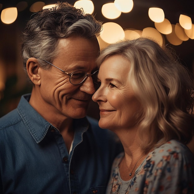 Love date night and senior couple with smile and bokeh on romantic evening celebration together