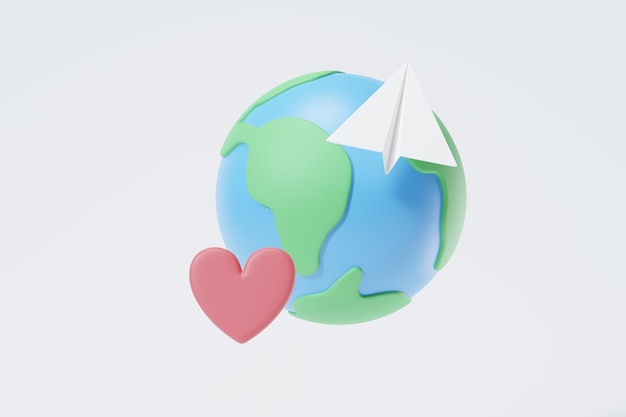 love earth and paper plane flying around the world grey background 3d render