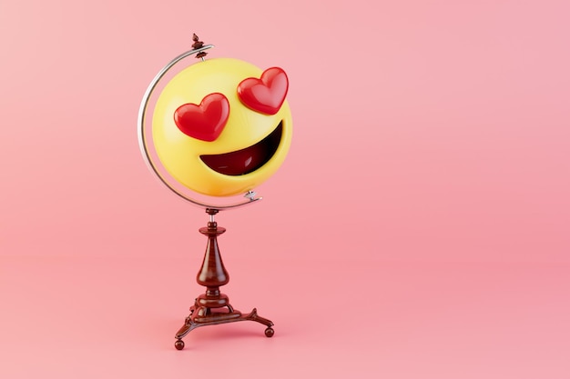 A love emoticon with a globe handle on a pastel background 3D render