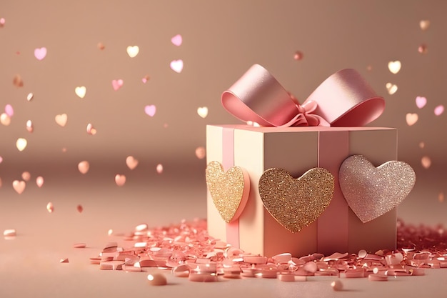 Love Gift Box with Hearts Confetti with Bokeh Background, AI Generated