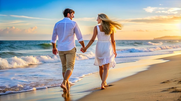 Love happy and holding hands with couple on beach for honeymoon relax and travel vacation Summer