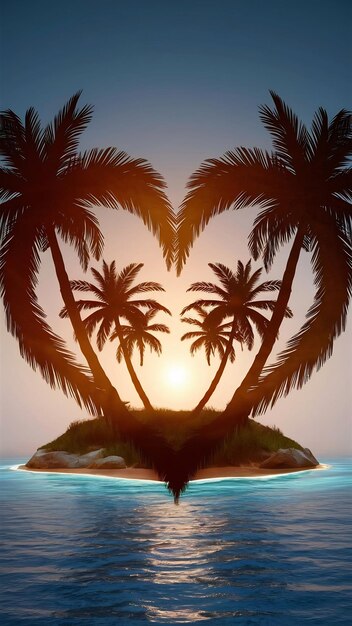 Photo love heart as shilouette at small island with palms in blue ocean