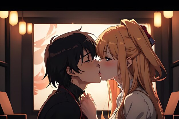 love illustration kiss anime to eachother romantic and futuristic scene