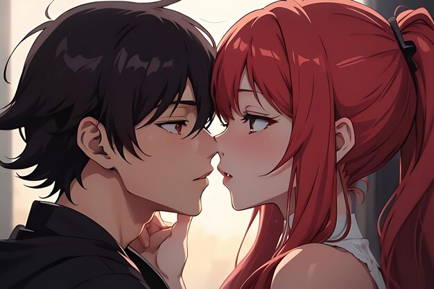 love illustration kiss anime to eachother romantic and futuristic scene