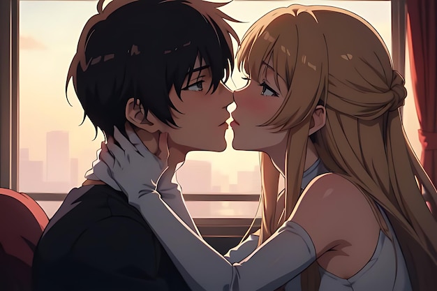 love illustration kiss anime to eachother romantic and futuristic scene