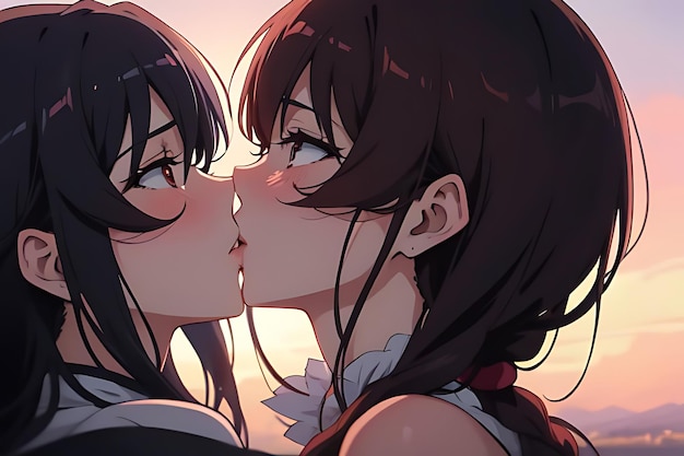 love illustration kiss anime to eachother romantic and futuristic scene