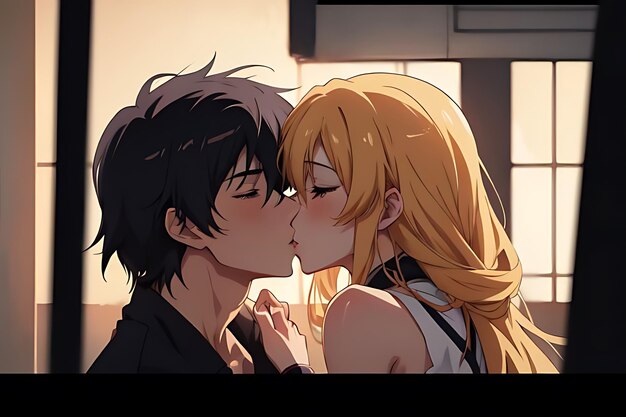 love illustration kiss anime to eachother romantic and futuristic scene