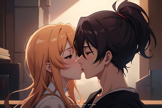 love illustration kiss anime to eachother romantic and futuristic scene