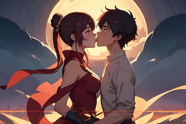 love illustration kiss anime to eachother romantic and futuristic scene