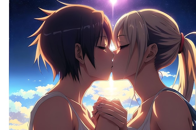 love illustration kiss anime to eachother romantic and futuristic scene