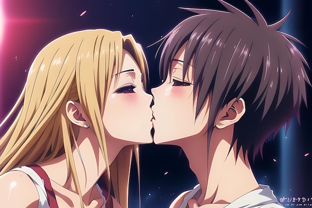 love illustration kiss anime to eachother romantic and futuristic scene