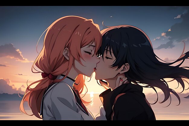 love illustration kiss anime to eachother romantic and futuristic scene