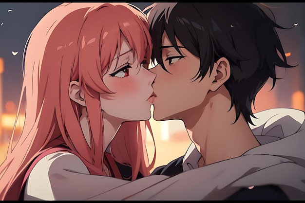 love illustration kiss anime to eachother romantic and futuristic scene