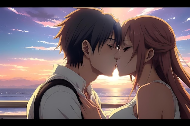 love illustration kiss anime to eachother romantic and futuristic scene