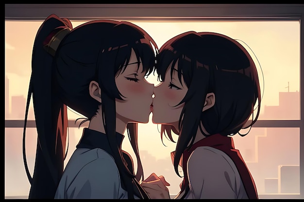 love illustration kiss anime to eachother romantic and futuristic scene