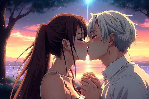 love illustration kiss anime to eachother romantic and futuristic scene