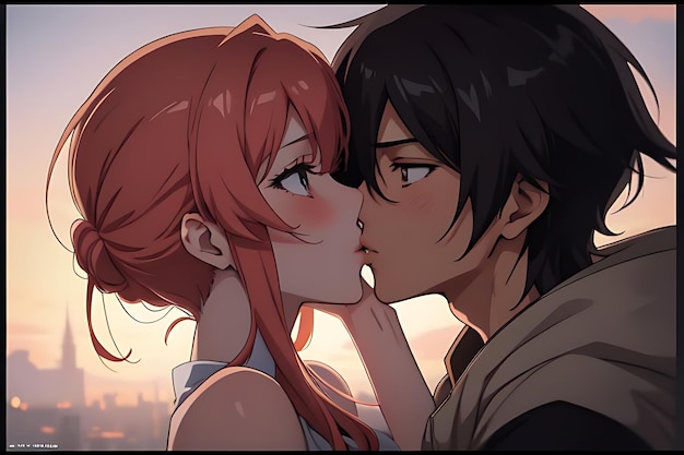 love illustration kiss anime to eachother romantic and futuristic scene