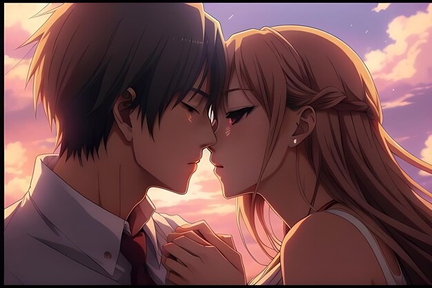 love illustration kiss anime to eachother romantic and futuristic scene