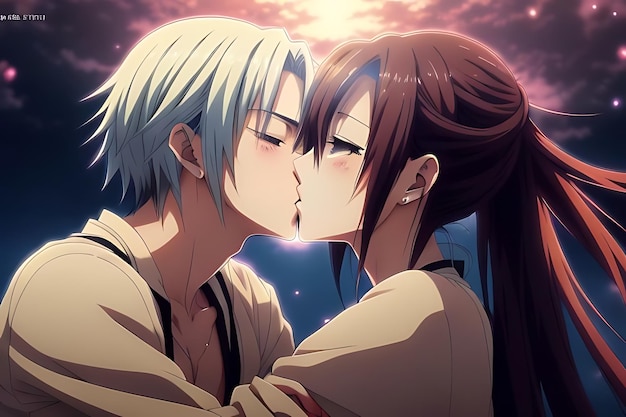 love illustration kiss anime to eachother romantic and futuristic scene