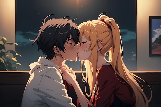 love illustration kiss anime to eachother romantic and futuristic scene