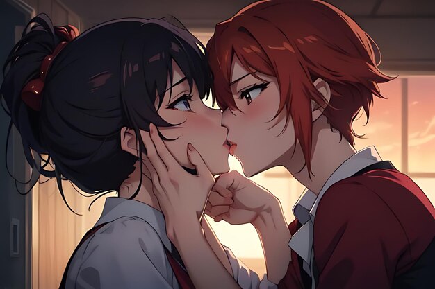 love illustration kiss anime to eachother romantic and futuristic scene