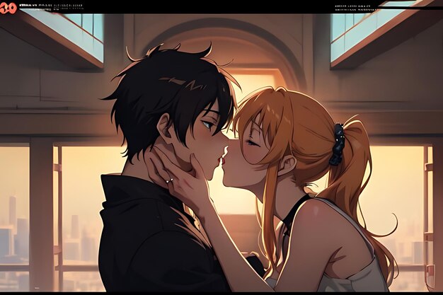 love illustration kiss anime to eachother romantic and futuristic scene