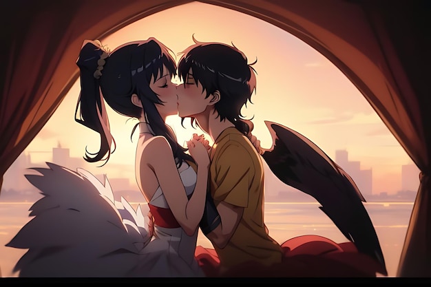 Photo love illustration kiss anime to eachother romantic and futuristic scene