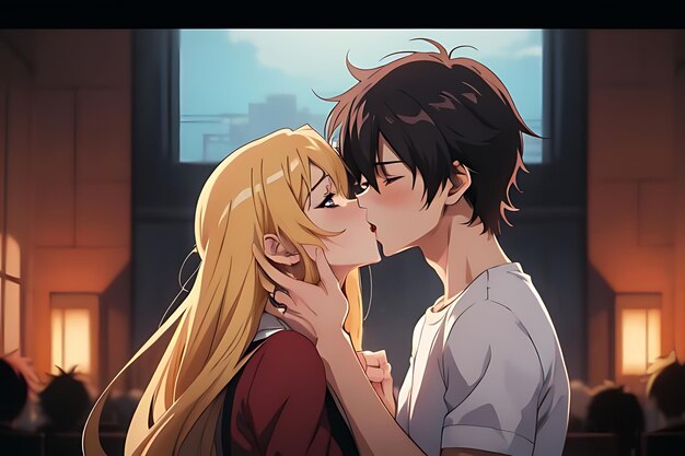 love illustration kiss anime to eachother romantic and futuristic scene