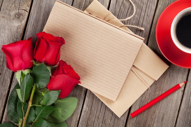 Love letter notepad red roses and coffee cup