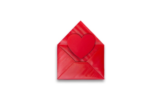 Love letter Red paper envelope and heart white background