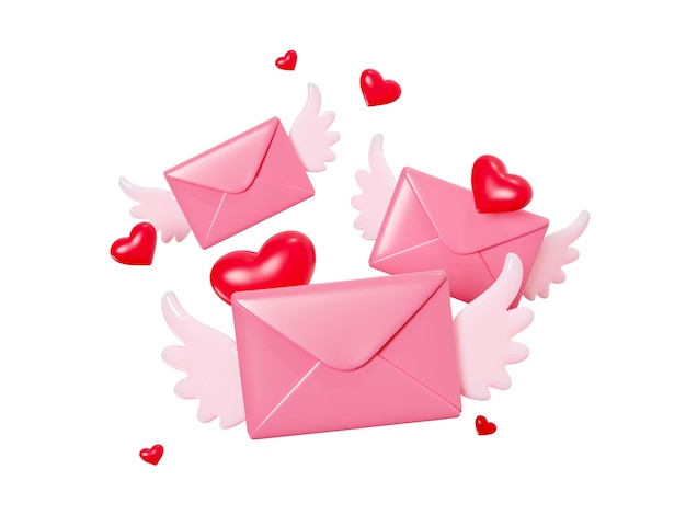 Love letter sending 3d render closed pink envelope with red heart decoration and wings