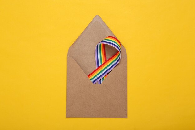 Love letter with lgbt rainbow symbol ribbon on yellow background