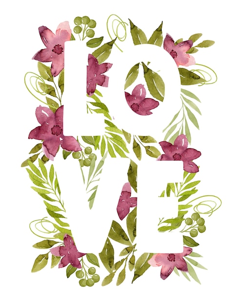 Photo love lettering with watercolor flowers and leaves botanical illustration