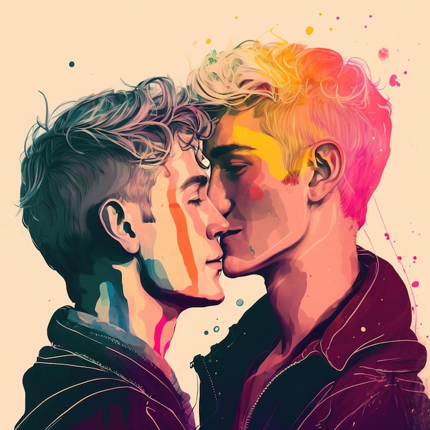 Love lgbtq concept Young man gay couple lgbtq concept Bright colors