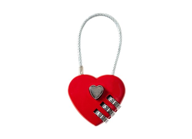 Photo love locked red heart padlock cut out and isolated on white background