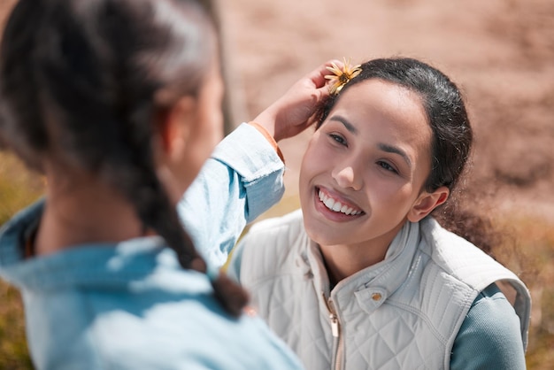 Photo love mother or girl child in farm for support in nature for care safety or bonding on ranch together smile happy family or proud single parent mom with kid or daughter for security and growth