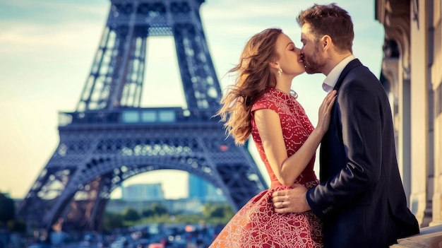 Photo love in paris beautiful couple kissing near the eiffel tower romantic date honeymoon in paris