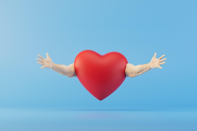 Love of power a heart with outstretched arms sticking out on a blue background 3D render