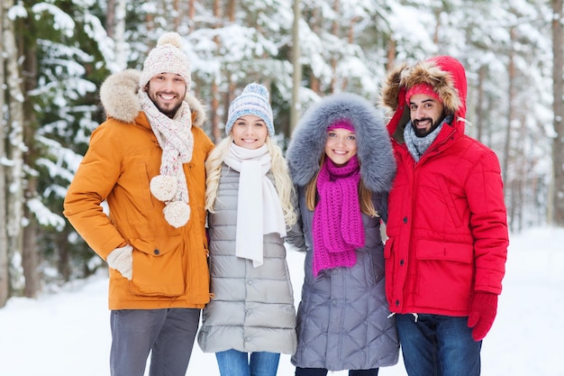 love, relationship, season, friendship and people concept - group of smiling men and women walking in winter forest