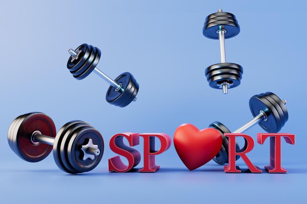 Love for sports the inscription sport with a heart instead of the letter o and dumbbells 3D render