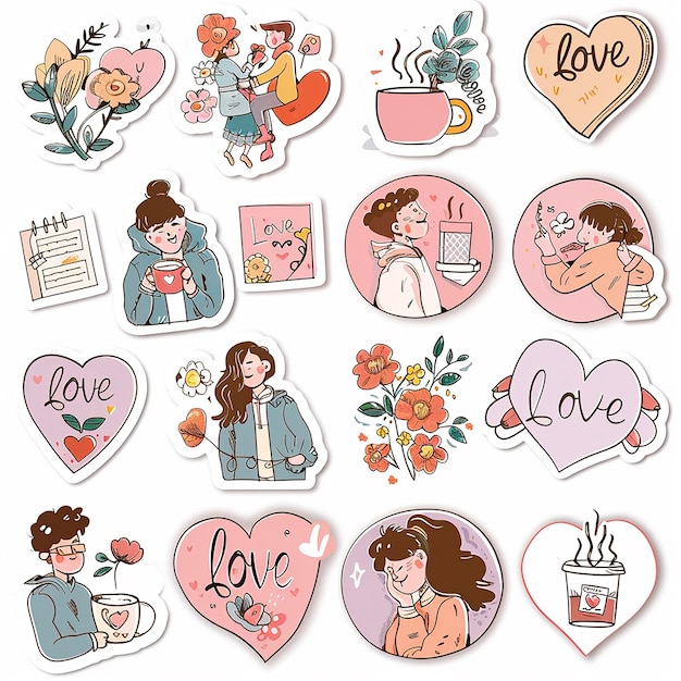 Photo love sticker sticker set romantic heart design card set illustration die cut retro happy