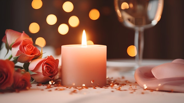 Love theme Romantic dinner setting with candles and roses love theme romantic dinner candles