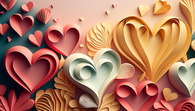 Love themed background with paper heart in 3D illustration Generative AI