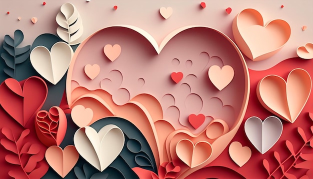 Love themed background with paper heart in 3D illustration Generative AI