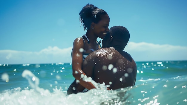 Love water and playful black couple at the beach enjoy summer vacation holiday and w Generative AI