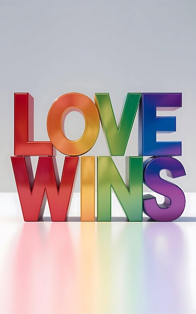 Photo love wins slogan for pride month in rainbow color isolated in white background